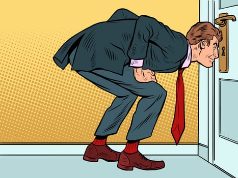 Male businessman peeping through the keyhole, secrets surveillance espionage. Pop Art Retro Vector Illustration 50s 60s Vintage kitsch Style