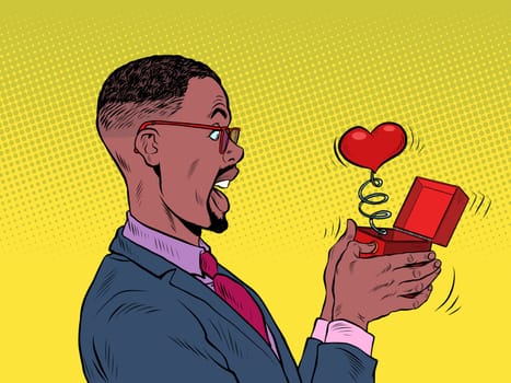 A businessman man looks at a red heart box valentine surprise greeting, love romance. Pop Art Retro Vector Illustration 50s 60s Vintage kitsch Style