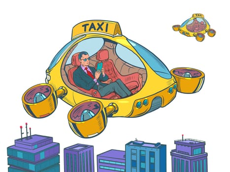 Businessman passenger. Drone air taxi, autopilot city transport. Helicopter of the future Isolate on a neutral background. Pop Art Retro Vector Illustration 50s 60s Vintage kitsch Style