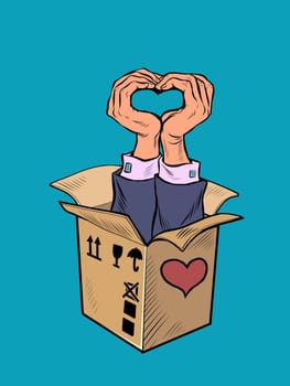 Mens hands heart gesture box valentine surprise greeting, love romance. Pop Art Retro Vector Illustration 50s 60s Vintage kitsch Style