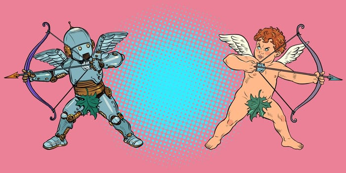 Robot and Baby angel Cupid with a bow and arrow, a mythical character of love. Pop Art Retro Vector Illustration Vintage kitsch 50s 60s Style