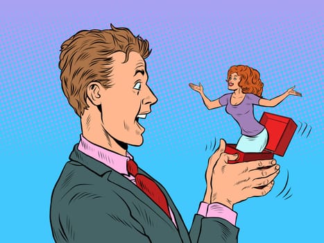 The bride and groom, the man is surprised box valentine surprise greeting, love romance. Pop Art Retro Vector Illustration 50s 60s Vintage kitsch Style