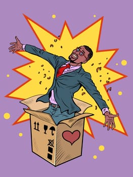 Groom african man businessman box valentine surprise greeting, love romance. Pop Art Retro Vector Illustration 50s 60s Vintage kitsch Style