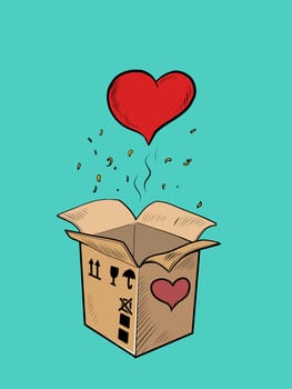 red heart box valentine surprise greeting, love romance. Pop Art Retro Vector Illustration 50s 60s Vintage kitsch Style