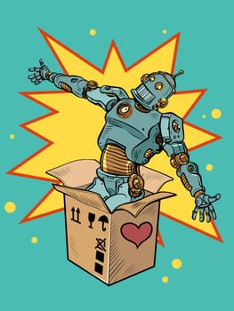 robot mechanical toy box valentine surprise greeting, love romance. Pop Art Retro Vector Illustration 50s 60s Vintage kitsch Style