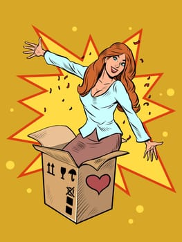 Woman bride friend businesswoman box valentine surprise greeting, love romance. Pop Art Retro Vector Illustration 50s 60s Vintage kitsch Style