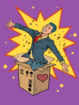 Groom man businessman box valentine surprise greeting, love romance. Pop Art Retro Vector Illustration 50s 60s Vintage kitsch Style