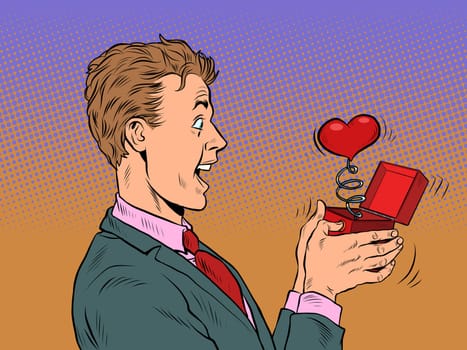 A businessman man looks at a red heart box valentine surprise greeting, love romance. Pop Art Retro Vector Illustration 50s 60s Vintage kitsch Style