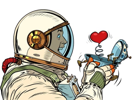 Surprised male astronaut looks at a red heart in a UFO flying ship box valentine surprise greeting, love romance. Pop Art Retro Vector Illustration 50s 60s Vintage kitsch Style