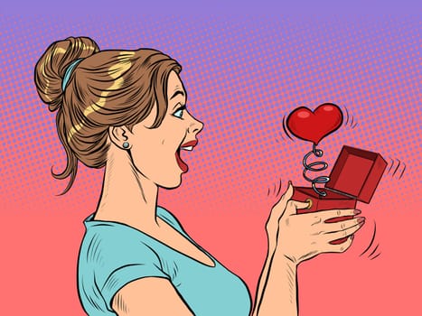 a woman girl looks at a red heart box valentine surprise greeting, love romance. Pop Art Retro Vector Illustration 50s 60s Vintage kitsch Style
