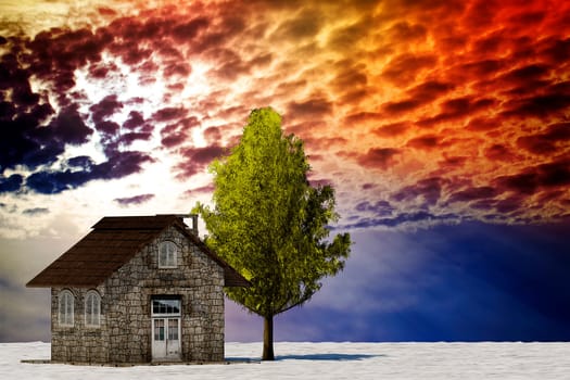 The 3d rendering tree and house in full leaf in winter against sky