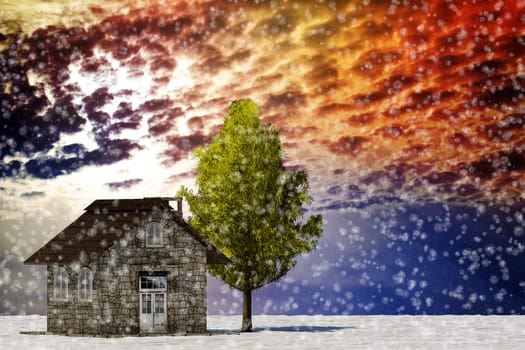 The 3d rendering tree and house in full leaf in winter against sky
