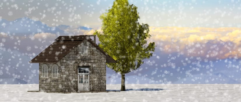 The 3d rendering tree and house in full leaf in winter against sky