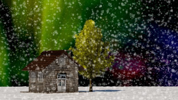 The 3d rendering tree and house in full leaf in winter against sky