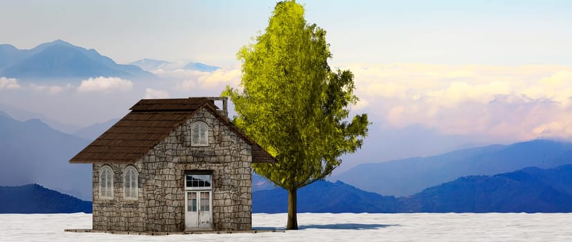 The 3d rendering tree and house in full leaf in winter against sky