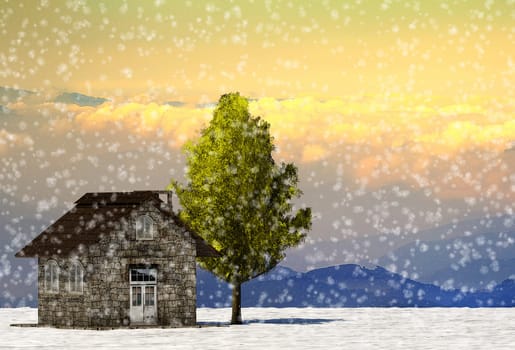 The 3d rendering tree and house in full leaf in winter against sky