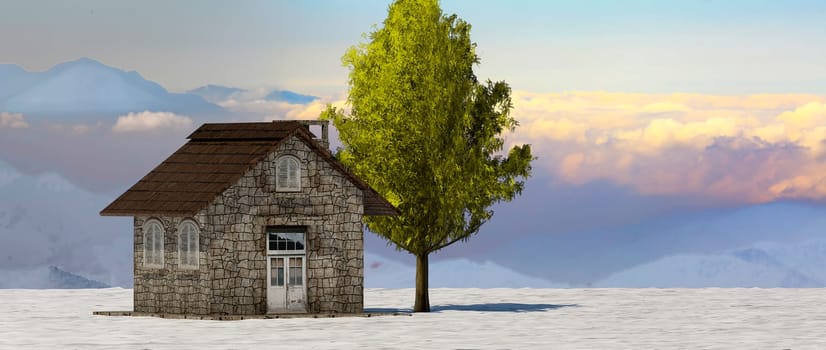 The 3d rendering tree and house in full leaf in winter against sky