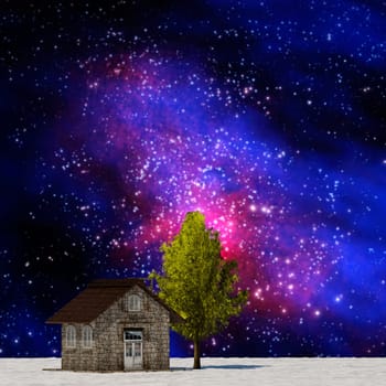 The 3d rendering tree and house in full leaf in winter against sky