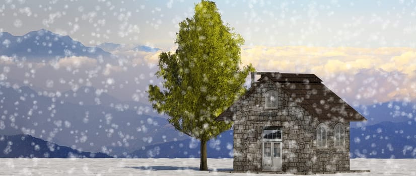 The 3d rendering tree and house in full leaf in winter against sky