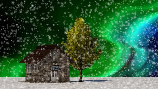The 3d rendering tree and house in full leaf in winter against sky