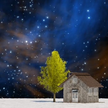 The 3d rendering tree and house in full leaf in winter against sky
