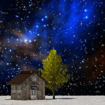 The 3d rendering tree and house in full leaf in winter against sky