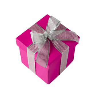 Pink gift box with silver ribbon isolated on white background