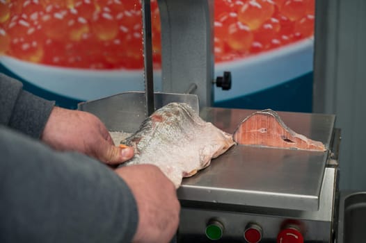 Service for cutting frozen salmon fish on a steak in a fish supermarket using professional equipment