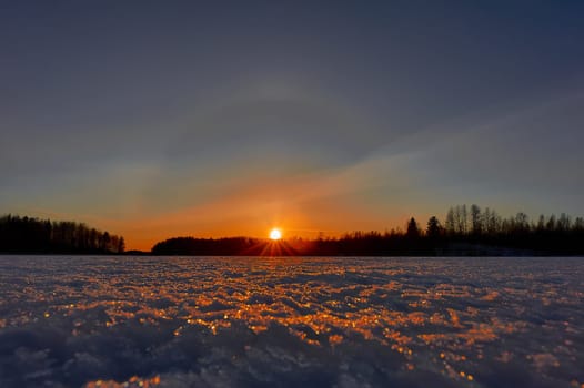 Sunset on Lake Talto in the village of Uita, Vinogradovsky district, Arkhangelsk region. High quality photo