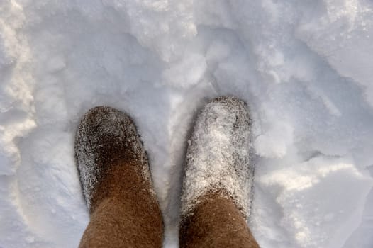 Russian boots in the snow on a cold winter day. High quality photo