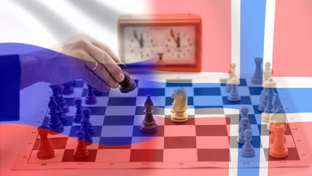 The flag Russia and Norway, chess board with clock and figures