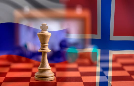 The flag Russia and Norway, chess board with clock and figures