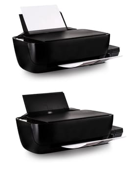 New modern multifunction  black inkjet printer with paper isolated on white background