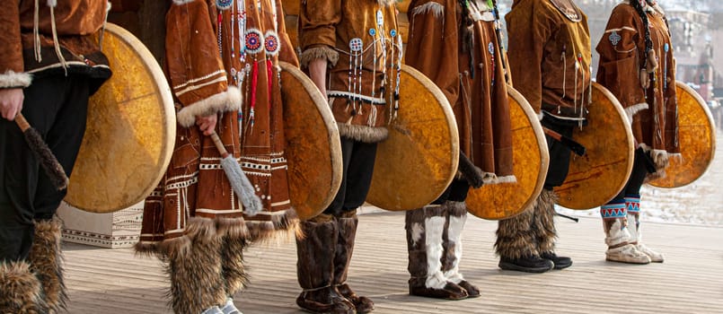 Folk ensemble performance in dress of indigenous people of Kamchatka. The holiday Northern aboriginal Koryak