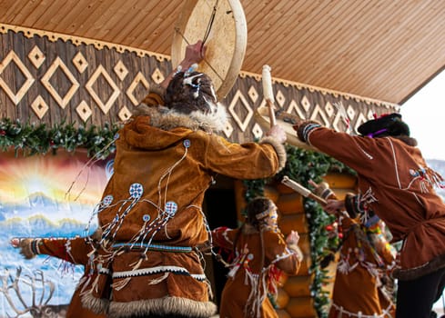 Folk ensemble performance in dress of indigenous people of Kamchatka. The holiday Northern aboriginal Koryak