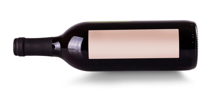 The close up bottle of red wine on the side with label isolated on white