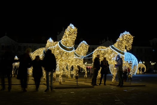 Illuminated Christmas decoration as attraction on the cathedral square in Magdeburg at Christmas time