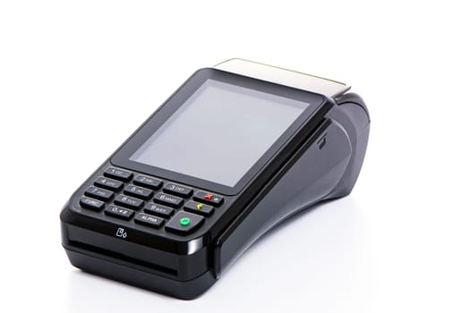 black payment terminal close-up for accepting money from plastic cards from customers on a white isolated background, copy space