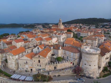 Aerial drone view of Korcula old town, Dalmatia, Croatia.
