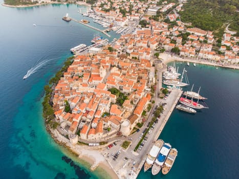 Aerial drone view of Korcula old town, Dalmatia, Croatia.