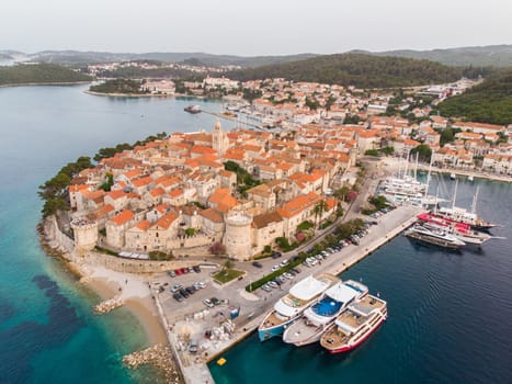 Aerial drone view of Korcula old town, Dalmatia, Croatia.