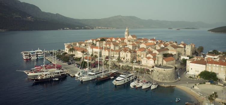 Aerial drone view of Korcula old town, Dalmatia, Croatia.
