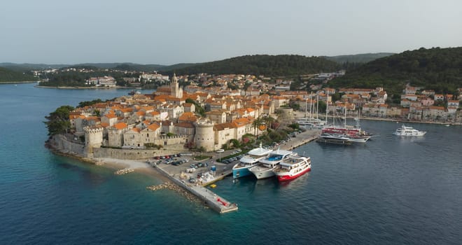 Aerial drone view of Korcula old town, Dalmatia, Croatia.