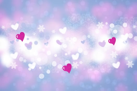Valentines or mothers day card template. Abstract delicate romantic illustrated light pink gradient blue background texture with bokeh hearts and stars. Beautiful backdrop.