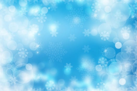 Abstract blurred festive light blue winter christmas or Happy New Year background texture with shiny blue and white bokeh lighted glittering snowflakes and stars. Space for your design. Card concept.