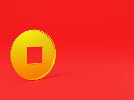 Happy Chinese New Year. Ancient old gold coins of China with square hole on red background decoration element for web design, Feng shui symbol New year lucky gift 3D Rendering illustration