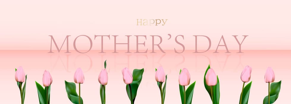 REALISTIC TULIPS. banner for mothers day.Pink tulips on pink background.yu Happy mothers day greeting card. An elegant gift for mom.