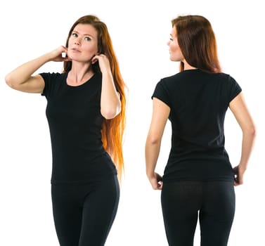 Young beautiful redhead woman with blank black shirt, front and back. Ready for your design or artwork.