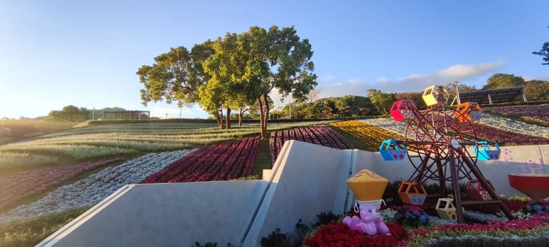 The San-Tseng-Chi Urban Park on a bright sunny day with colorful flower fields on the hillside under blue clear sky during Flower Festival, in Beitou District, Taipei City, Taiwan