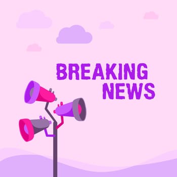 Writing displaying text Breaking News, Business showcase Special Report Announcement Happening Current Issue Flashnews Pole Megaphones Drawing Making Announcement To An Open Space.
